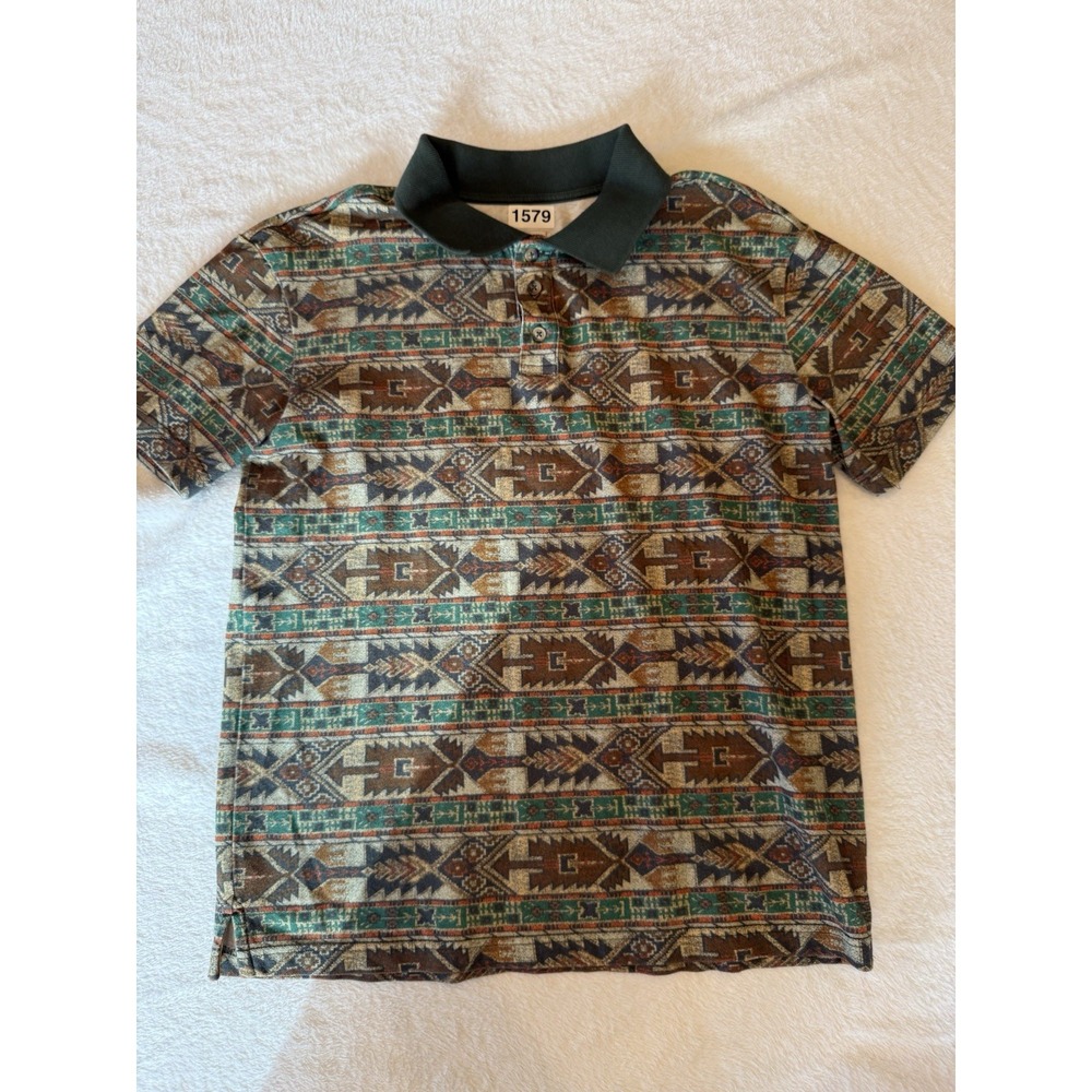 Aztec Print Polo Knit Shirt Men's Small‎ Southwestern Tribal EUC BDG